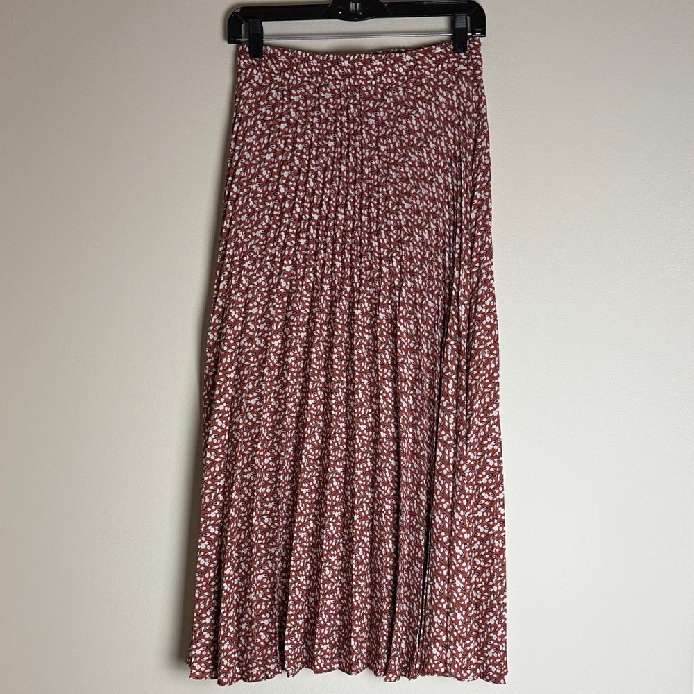 Max Studio Women's Rust White Floral Pleated Elastic Waist A-Line Skirt Size XS